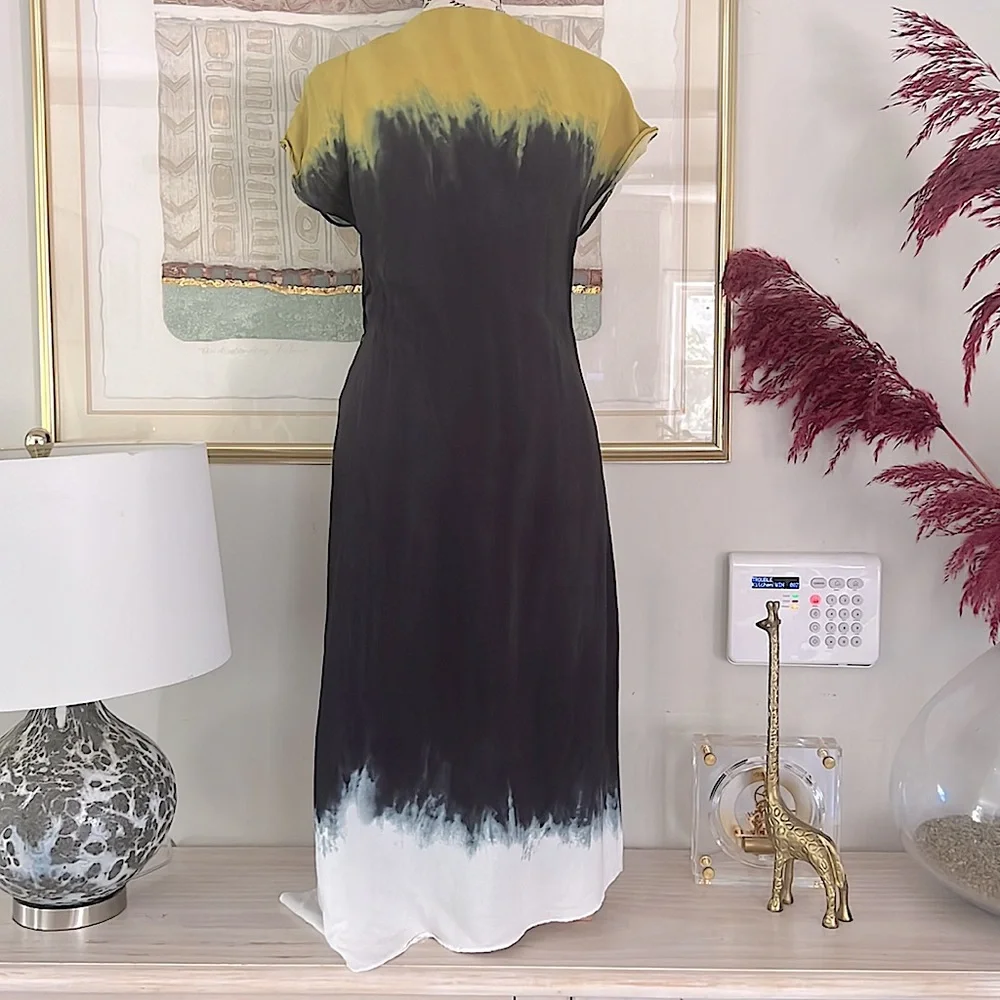 ZARA Ombre Tie Dye Wrap Midi Dress Asymmetrical Hem Yellow Navy - Picture 3 of 6